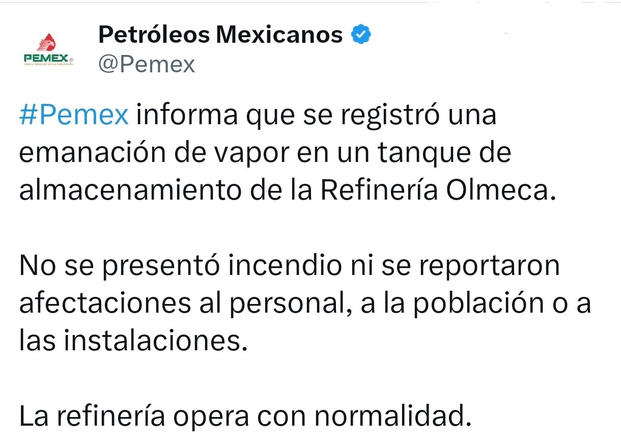 Pemex reporta emanación de vapor en Refinería Olmeca